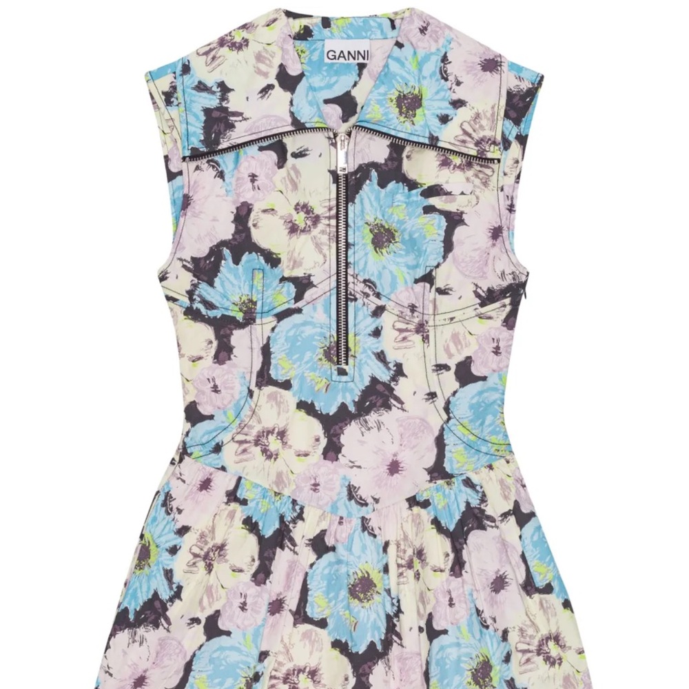 Ganni Floral Zip-Front Mini Dress in Blue, Cream & Black